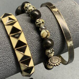 Black Cream Gold Bracelet Lot Pyramid Stretch Beaded Bangle Sun Charm Vintage